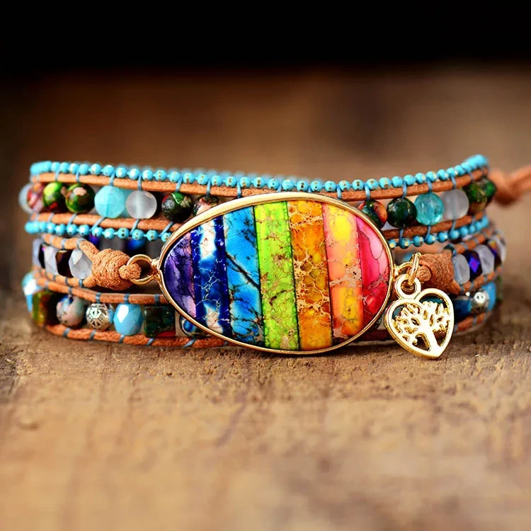 Pulsera de cuero con piedra del emperador de los siete chakras, pulsera de la amistad bohemia