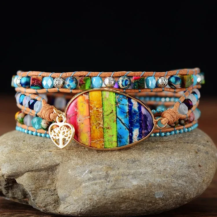 Pulsera de cuero con piedra del emperador de los siete chakras, pulsera de la amistad bohemia