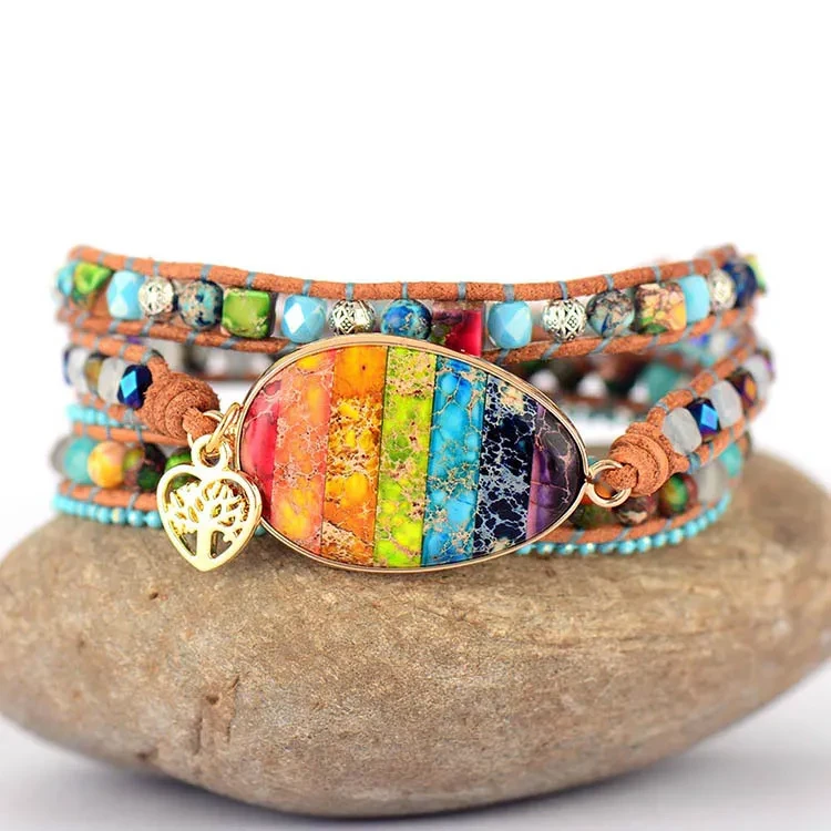 Pulsera de cuero con piedra del emperador de los siete chakras, pulsera de la amistad bohemia