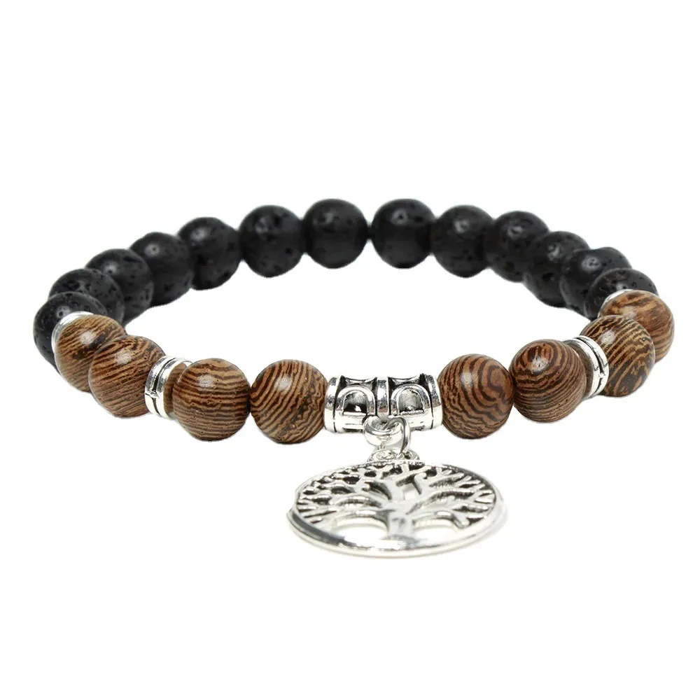 Pulsera con colgante de árbol de la vida, loto y yoga, con cuentas de Buda de piedra volcánica