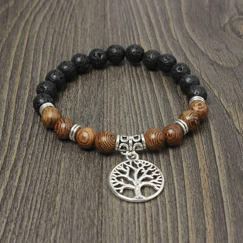 Pulsera con colgante de árbol de la vida, loto y yoga, con cuentas de Buda de piedra volcánica