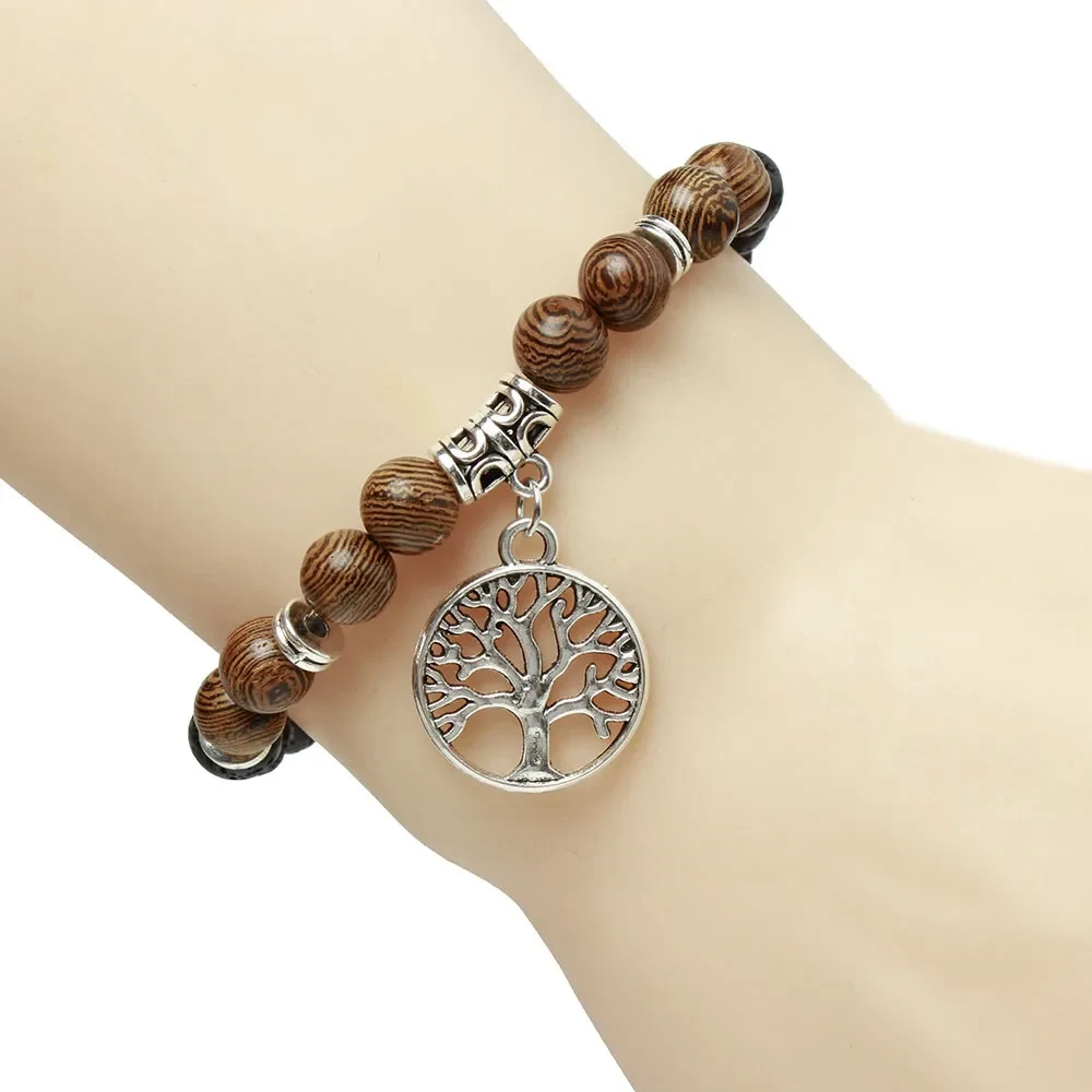 Pulsera con colgante de árbol de la vida, loto y yoga, con cuentas de Buda de piedra volcánica