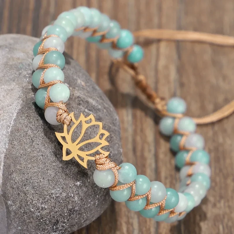 Pulsera tejida a mano de doble capa de piedra natural Pulsera Yoga Om Lotus