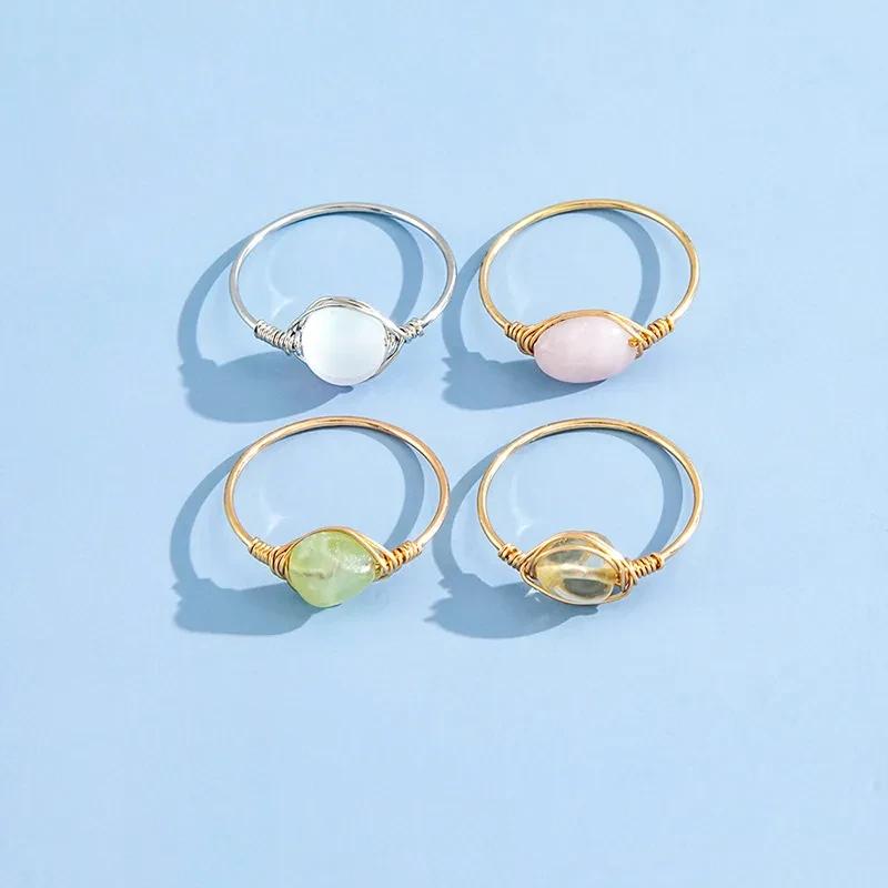 Juego de 4 anillos de piedra natural de lujo y joyería de moda de nicho.
