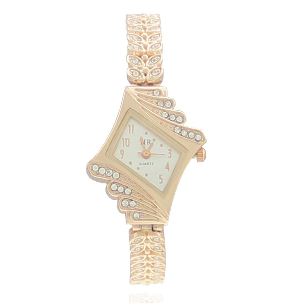 Reloj de pulsera de metal con forma de trigo y pavé de piedra para mujer, color oro rosa