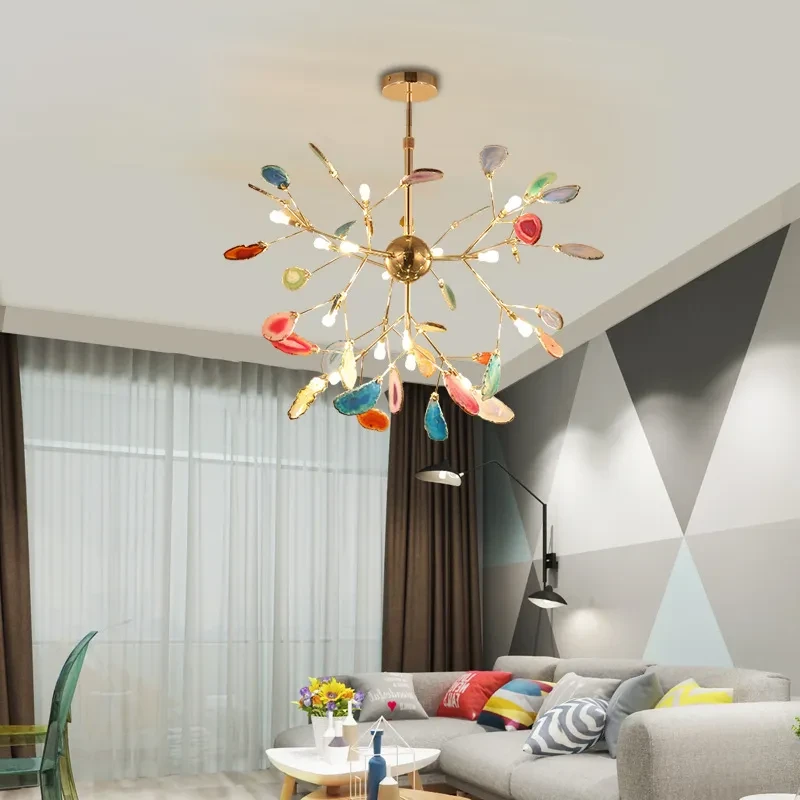 Lámpara de araña LED decorativa de piedra de ónix para sala de estar, estudio y comedor.