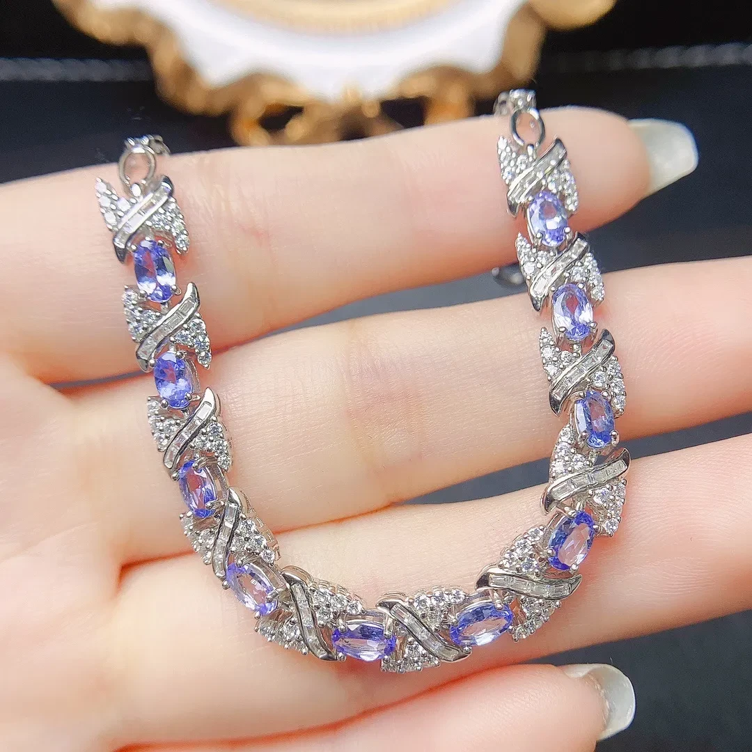 Pulsera de tanzanita natural europea y americana con incrustaciones de plata S925 y piedra principal de 35