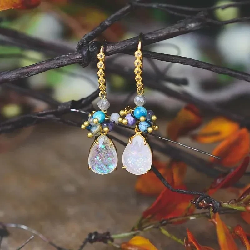 Accesorios populares europeos y americanos: pendientes de ópalo en forma de gota, piedra natural de moda.