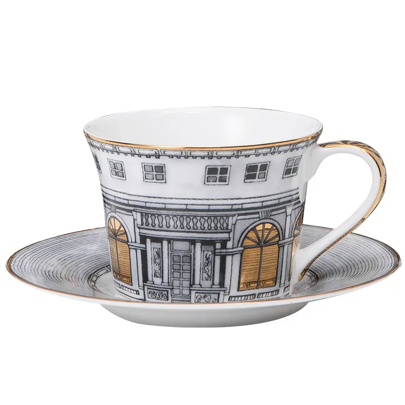 Juego de tazas de café de porcelana china con borde dorado y asa