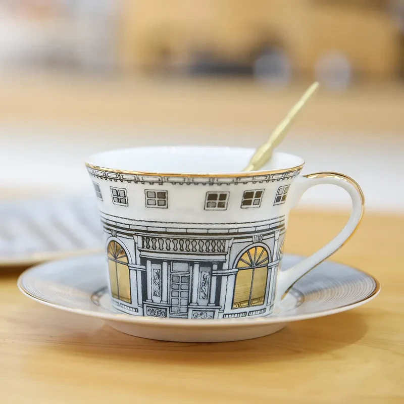 Juego de tazas de café de porcelana china con borde dorado y asa