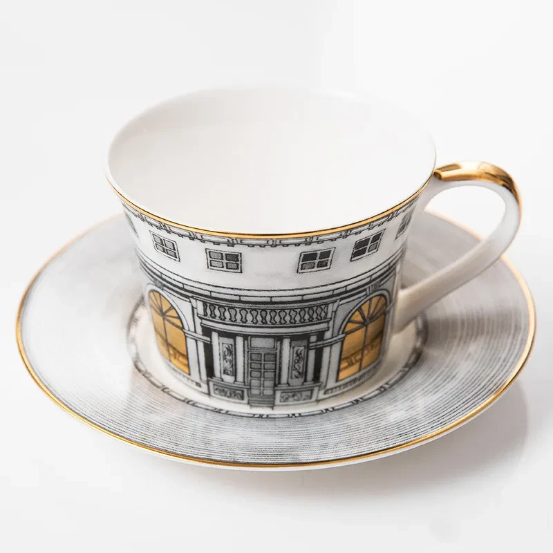 Juego de tazas de café de porcelana china con borde dorado y asa