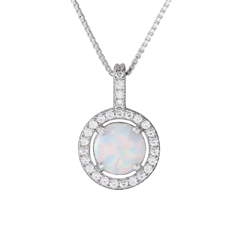 Collar de plata de ley 925 con ópalo redondo y diamantes de lujo para mujer