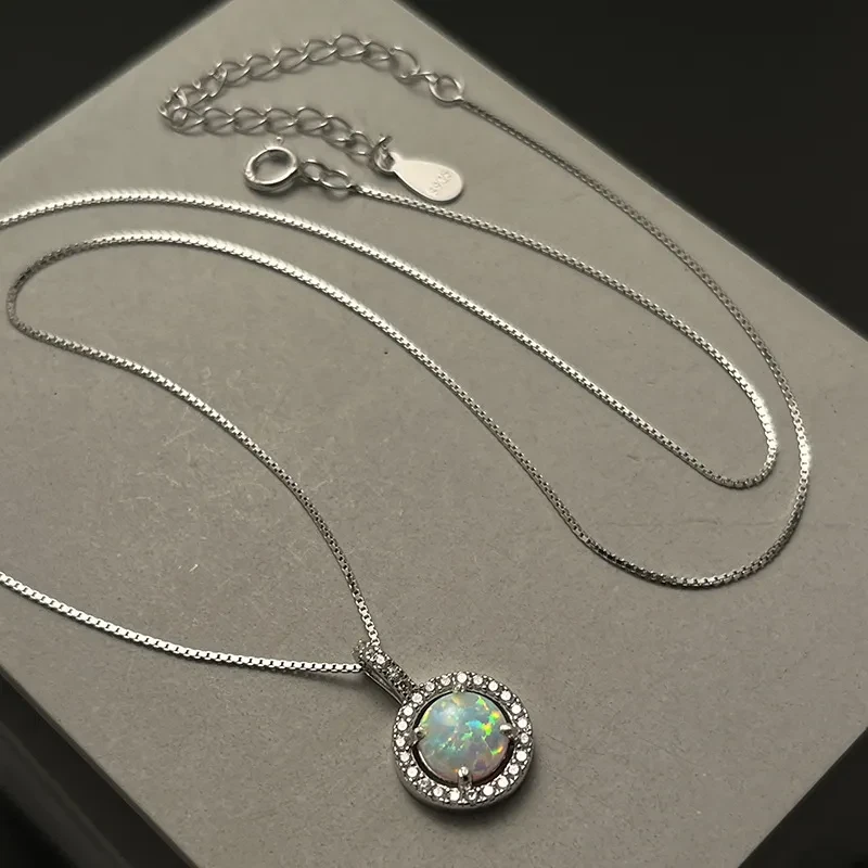 Collar de plata de ley 925 con ópalo redondo y diamantes de lujo para mujer