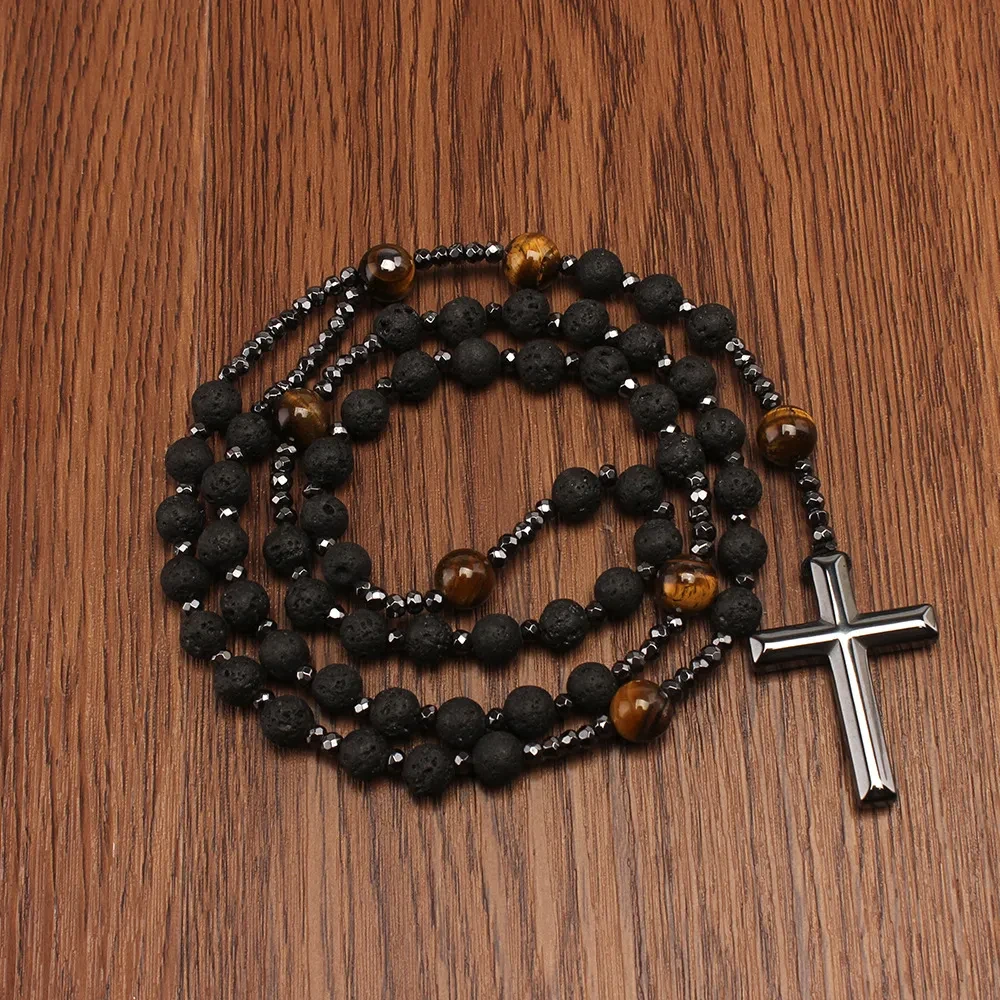 Collar de cuentas de piedra volcánica negra, ojo de tigre amarillo, hematita, cruz religiosa para hombre