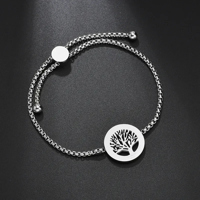Nuevas pulseras ajustables de acero inoxidable con forma de corazón y árbol para mujer, pulsera familiar de acero con piedra CZ, regalo para el Día de la Madre