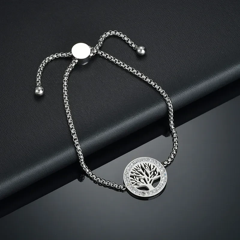 Nuevas pulseras ajustables de acero inoxidable con forma de corazón y árbol para mujer, pulsera familiar de acero con piedra CZ, regalo para el Día de la Madre