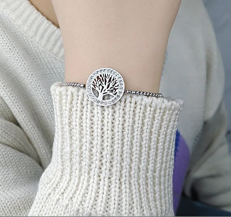 Nuevas pulseras ajustables de acero inoxidable con forma de corazón y árbol para mujer, pulsera familiar de acero con piedra CZ, regalo para el Día de la Madre