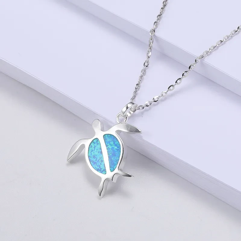 Collar con colgante de tortuga de ópalo y piedra de Xing Yao Hao, de plata, con colgante de anfíbol de plata simple, cadena para suéter
