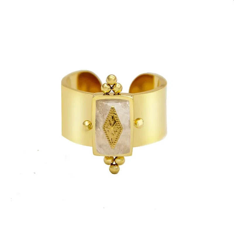 Anillo de acero y titanio con diseño retro y diseño de estrella, tendencia de moda, piedra natural dorada, geométrica.