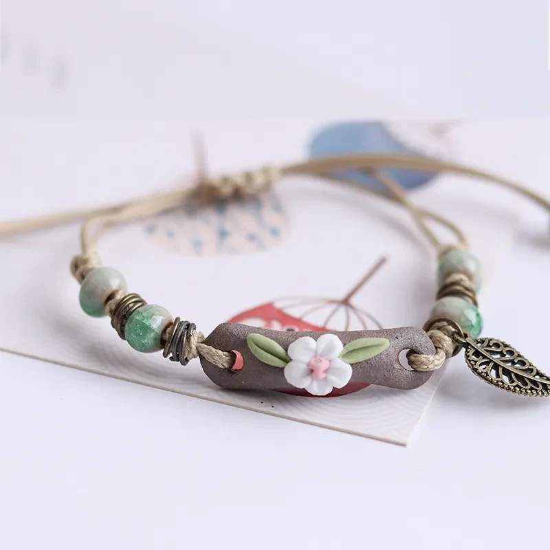 Pulsera de crisantemo arrugado con corazón de flor, joyería de cerámica de recuerdo, artículos de joyería tejida