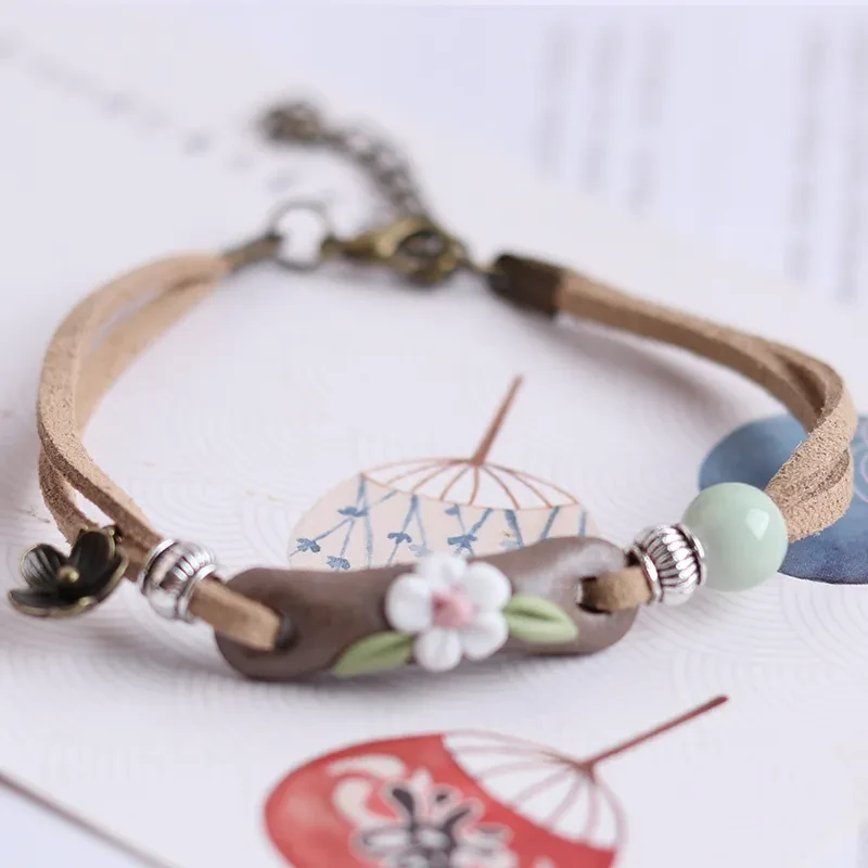Pulsera de crisantemo arrugado con corazón de flor, joyería de cerámica de recuerdo, artículos de joyería tejida