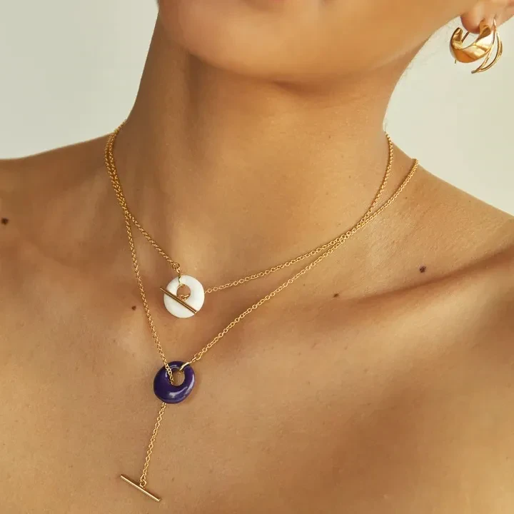 Collar de acero inoxidable de oro de 18 quilates con colgante de piedra natural y cadena de cuentas de bolas creativas de moda para mujer