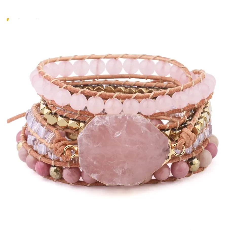 Pulsera de piedra natural, pulsera de cuero de cuarzo para mujer, cuentas de gemas rosas, joyería de 5 hebras