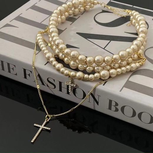 Collar cruzado de perlas multicapa para mujer