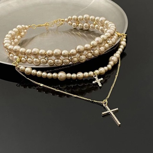 Collar cruzado de perlas multicapa para mujer