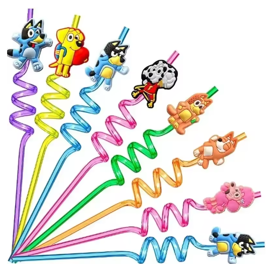 Pajitas de dibujos animados de la familia Bluey Bingo, suministros para fiestas de cumpleaños, 8 piezas