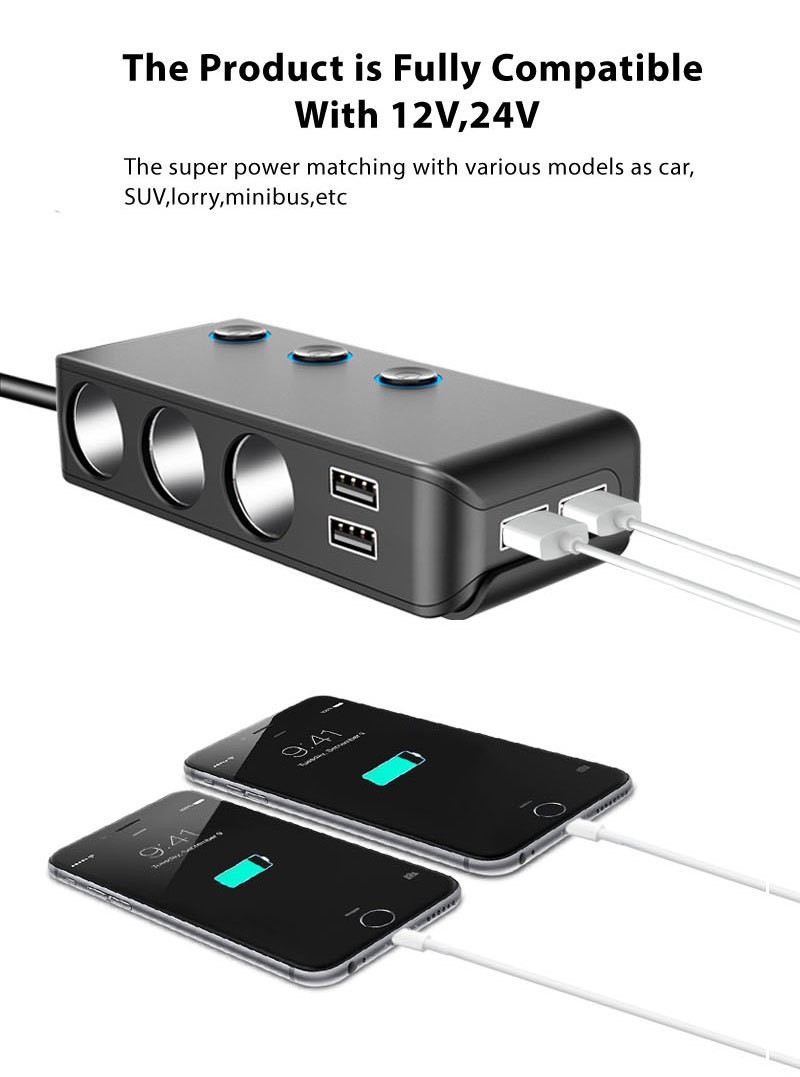 Cargador de coche de 120 W con enchufe para uno o tres encendedores e interruptor independiente