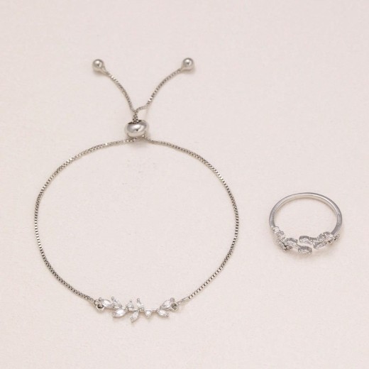 Pulsera y anillo de plata con ojo de caballo, cristal y circonita, ideal para atuendos diarios y festivos de mujer.