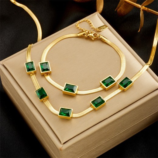 Collar y pulsera de acero y titanio con circonita verde cuadrada sencilla