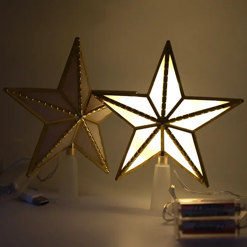 Luces navideñas con forma de estrella en la parte superior del árbol, de plástico, con USB y dos funciones de alimentación.