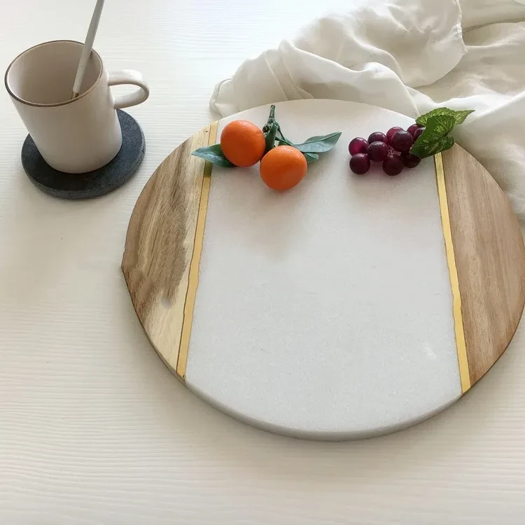 Plato plano de madera maciza con empalme de mármol creativo