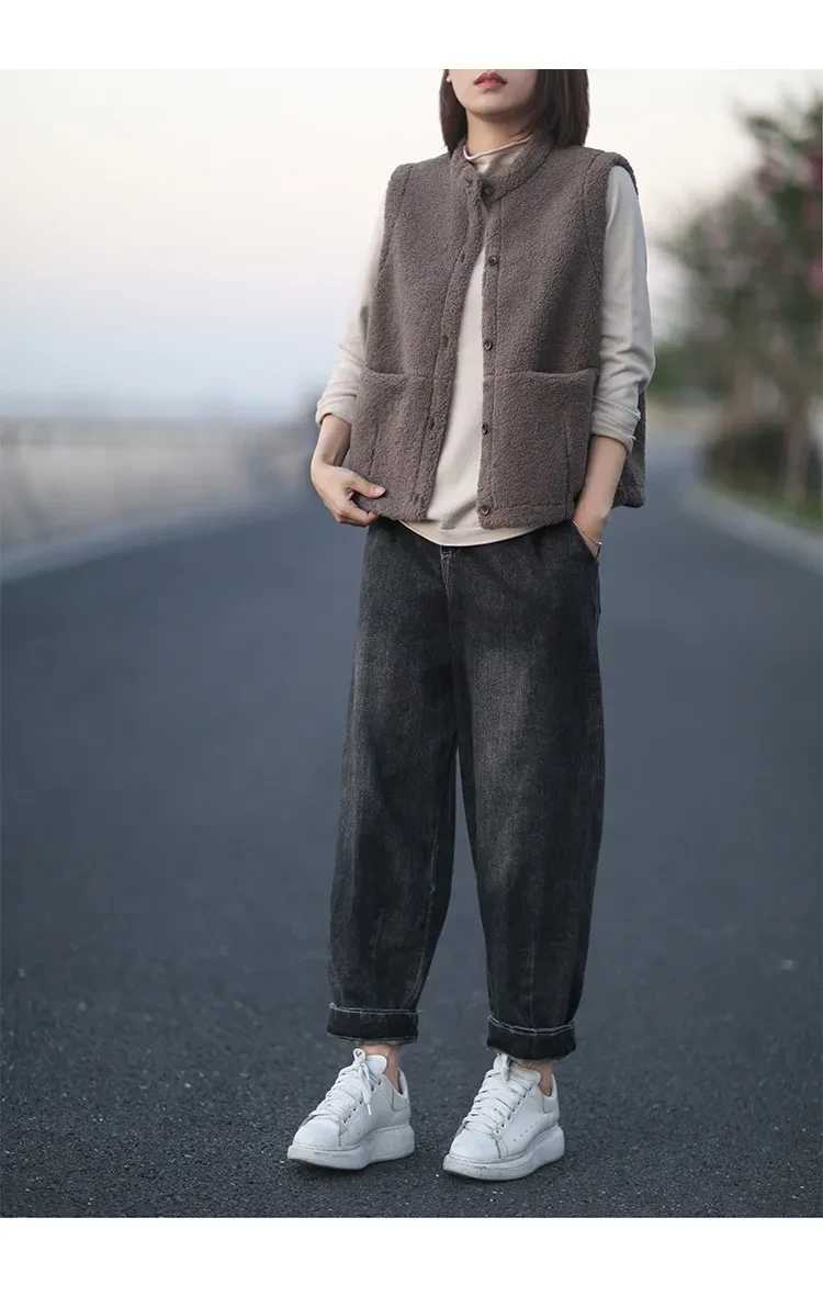 Pantalón corto de polar artístico retro para mujer