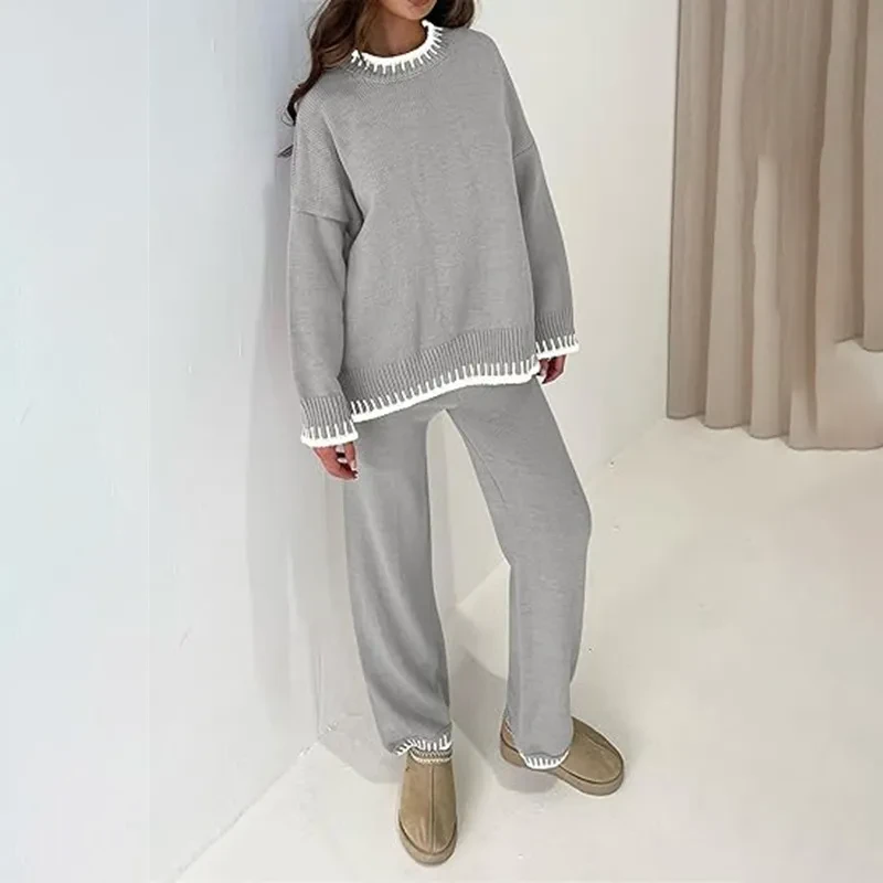 Suéter de punto casual de manga larga, jersey de pierna ancha y pantalones de traje