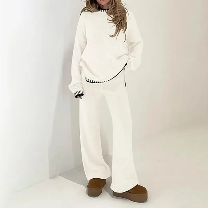Suéter de punto casual de manga larga, jersey de pierna ancha y pantalones de traje