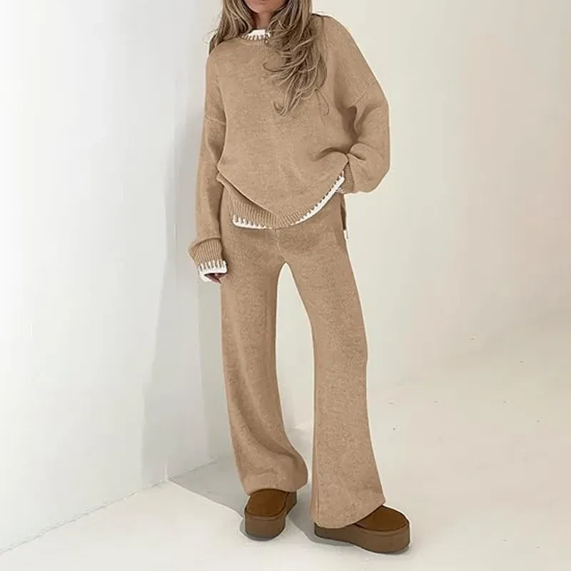 Suéter de punto casual de manga larga, jersey de pierna ancha y pantalones de traje