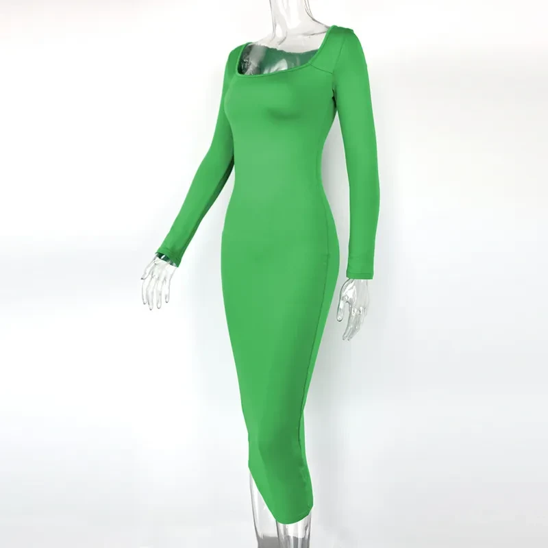 Vestido ajustado de polar con cuello cuadrado y manga larga