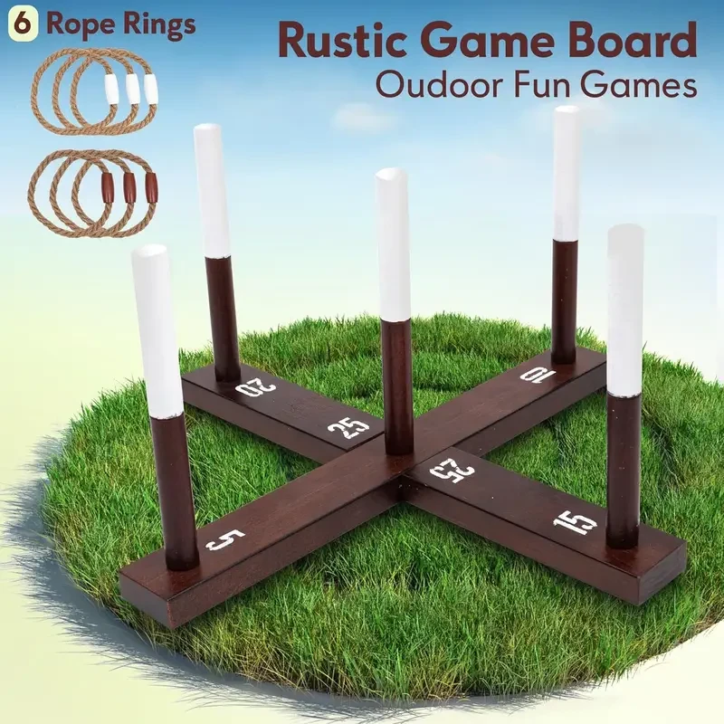 Juego de lanzamiento de aros de madera rústica y cuerda para adultos