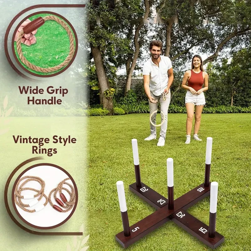 Juego de lanzamiento de aros de madera rústica y cuerda para adultos