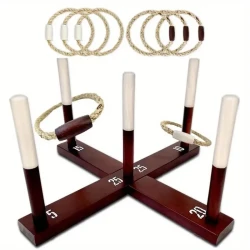Juego de lanzamiento de aros de madera rústica y cuerda para adultos