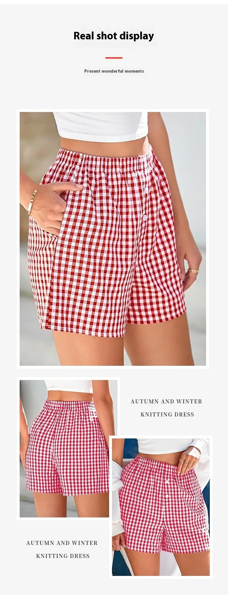 Pantalones cortos casuales de cintura alta y holgados a cuadros para mujer
