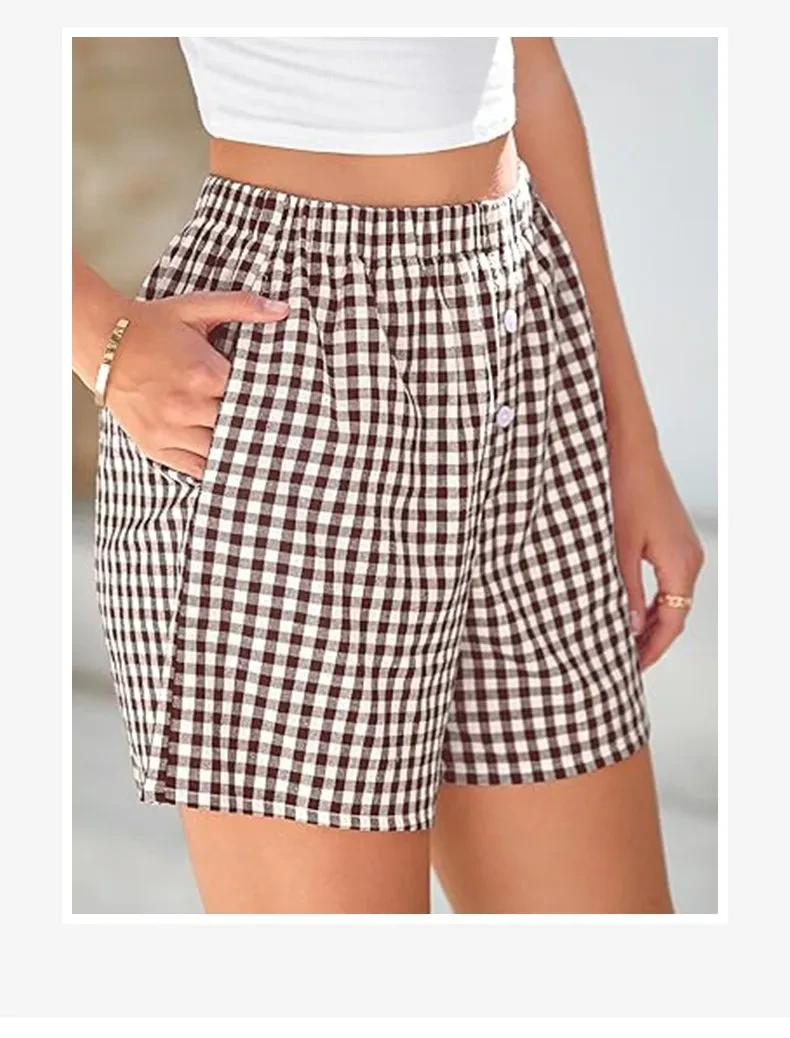 Pantalones cortos casuales de cintura alta y holgados a cuadros para mujer