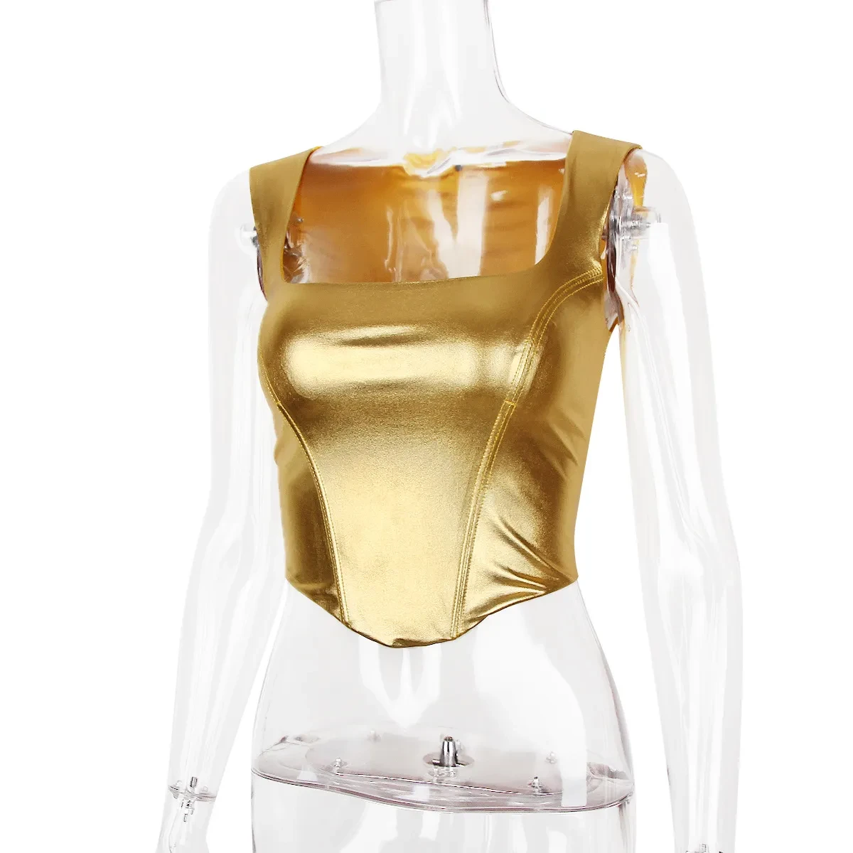 Top corto ajustado con tirantes finos y diseño de espiga dorado para mujer