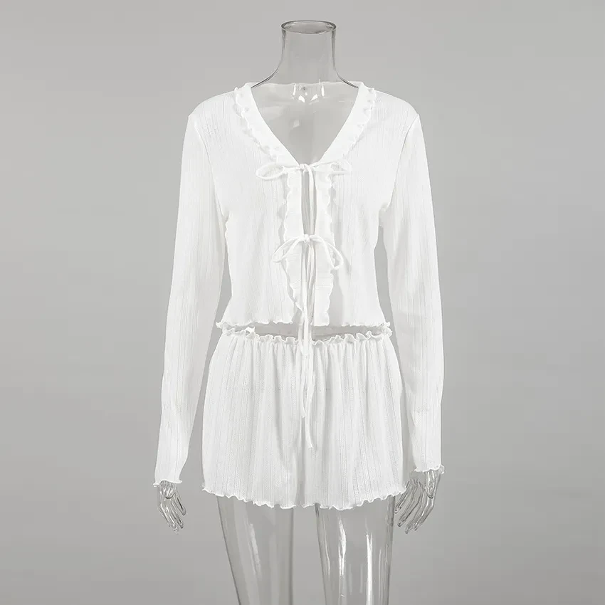 Pijama de jacquard blanco calado, cárdigan de manga larga, pantalones cortos, ropa de casa
