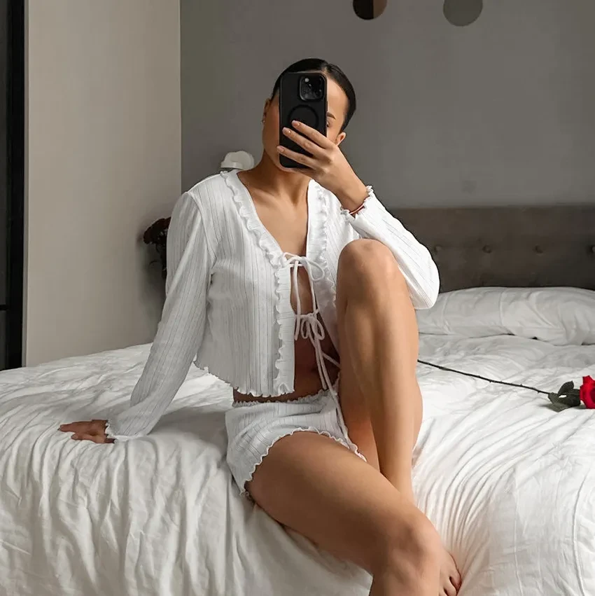 Pijama de jacquard blanco calado, cárdigan de manga larga, pantalones cortos, ropa de casa