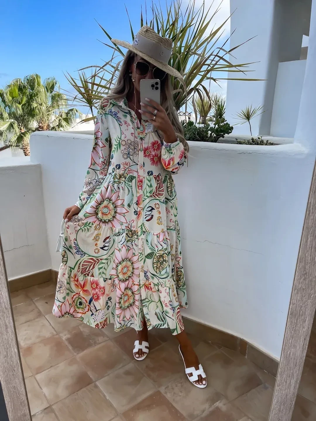 Vestido estampado con cuello en V especial de moda para mujer