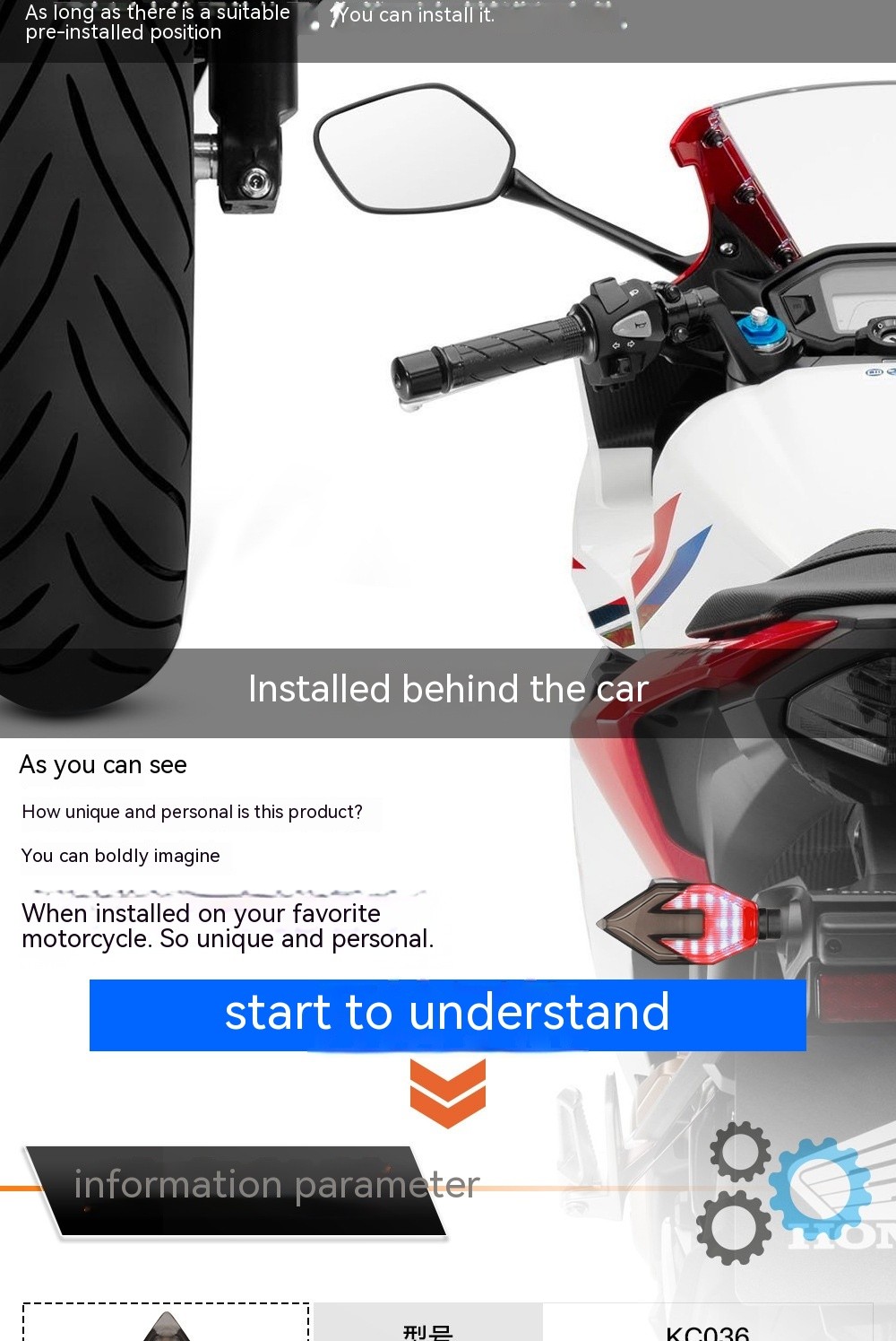 Guía de luz LED bicolor con forma de flecha para motocicleta, luz de circulación diurna con señal de giro